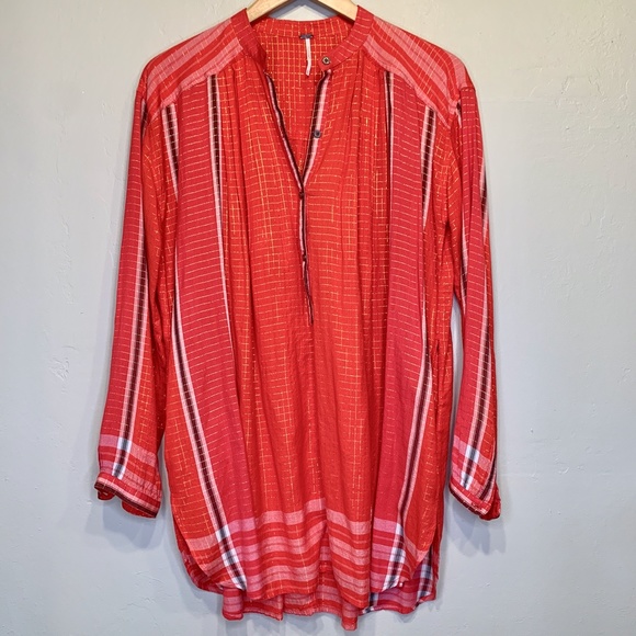 FP Checkered Pattern Lurex Metallic Threading Semi Sheer Jewel Tone Tunic Blouse - Picture 3 of 8